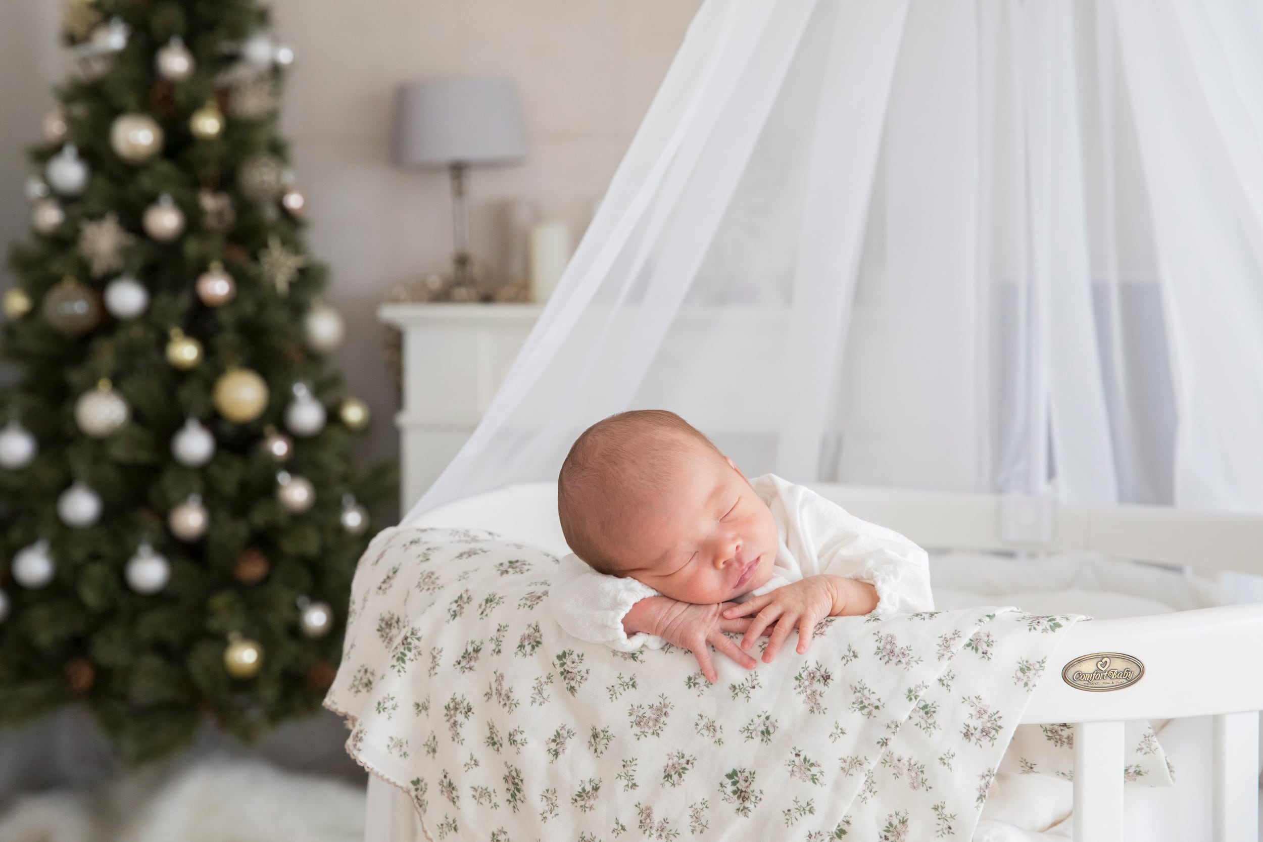 ニューボーンフォトの一例: ベットでちょこんと寝ている新生児